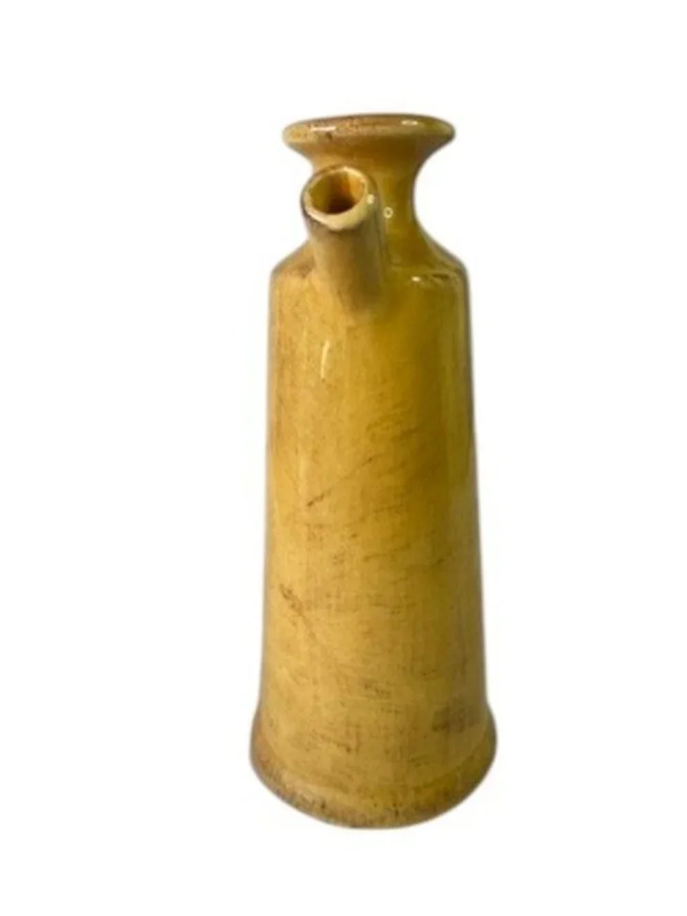 Pier 1 Imports rustic olive oil cruet, yellow with antiquing, ceramic earthenwar
